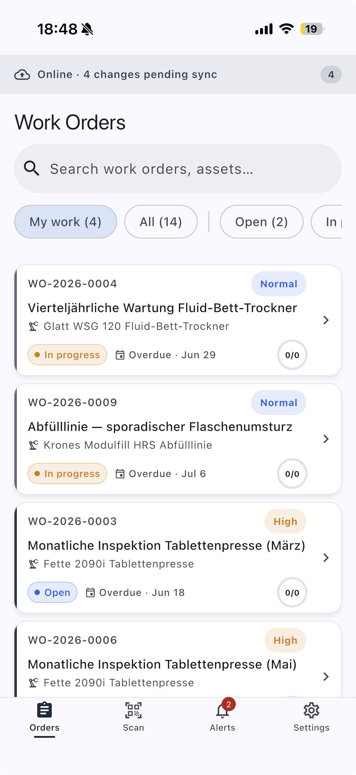 Runspine mobile work orders list