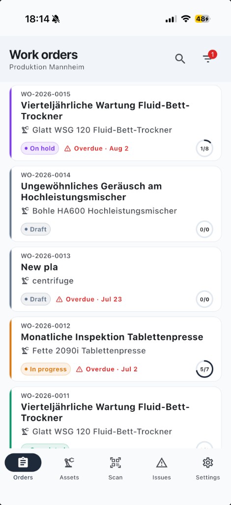 Mobile Auftragsliste in Runspine mit ausstehenden Offline-Änderungen
